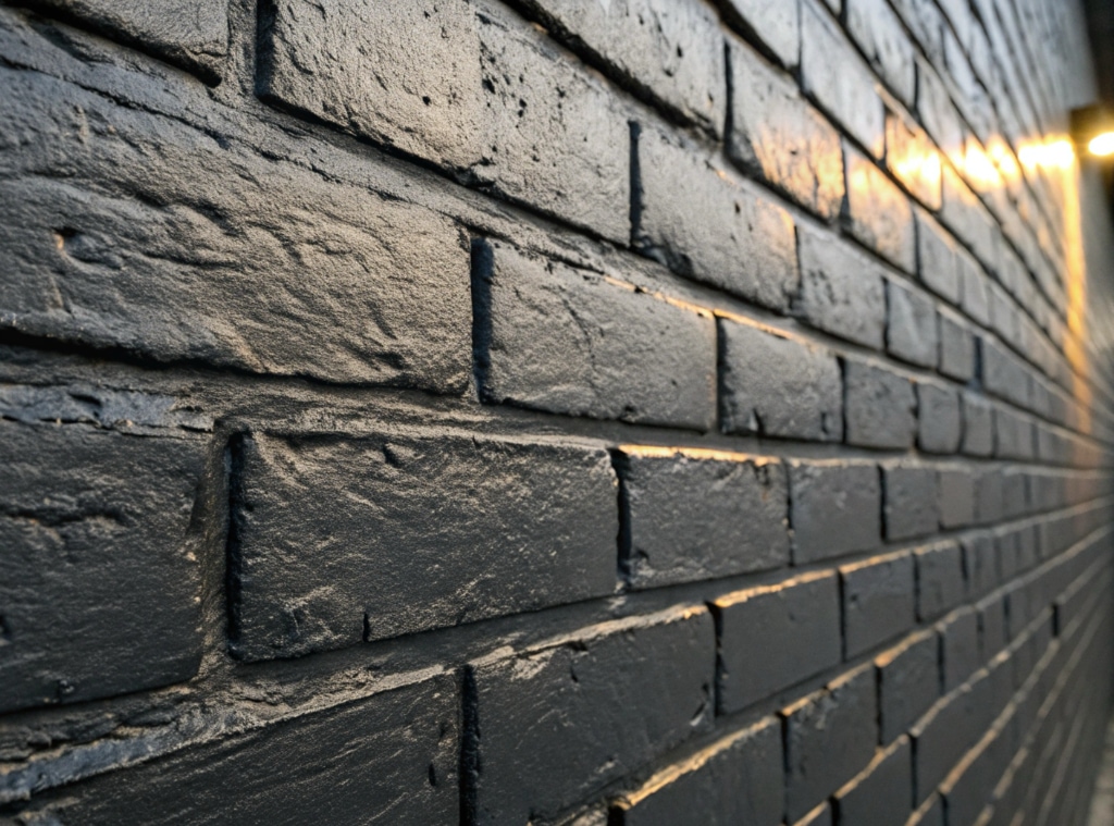 Mur de brique peint en noir avec finition lisse — peinture extérieure commerciale.