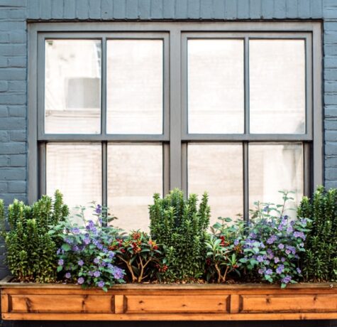 Fenêtre extérieure avec rebord peint gris foncé, encadrée de briques et jardinière en bois garnie de fleurs, illustrant un projet de peinturer un rebord de fenêtre.